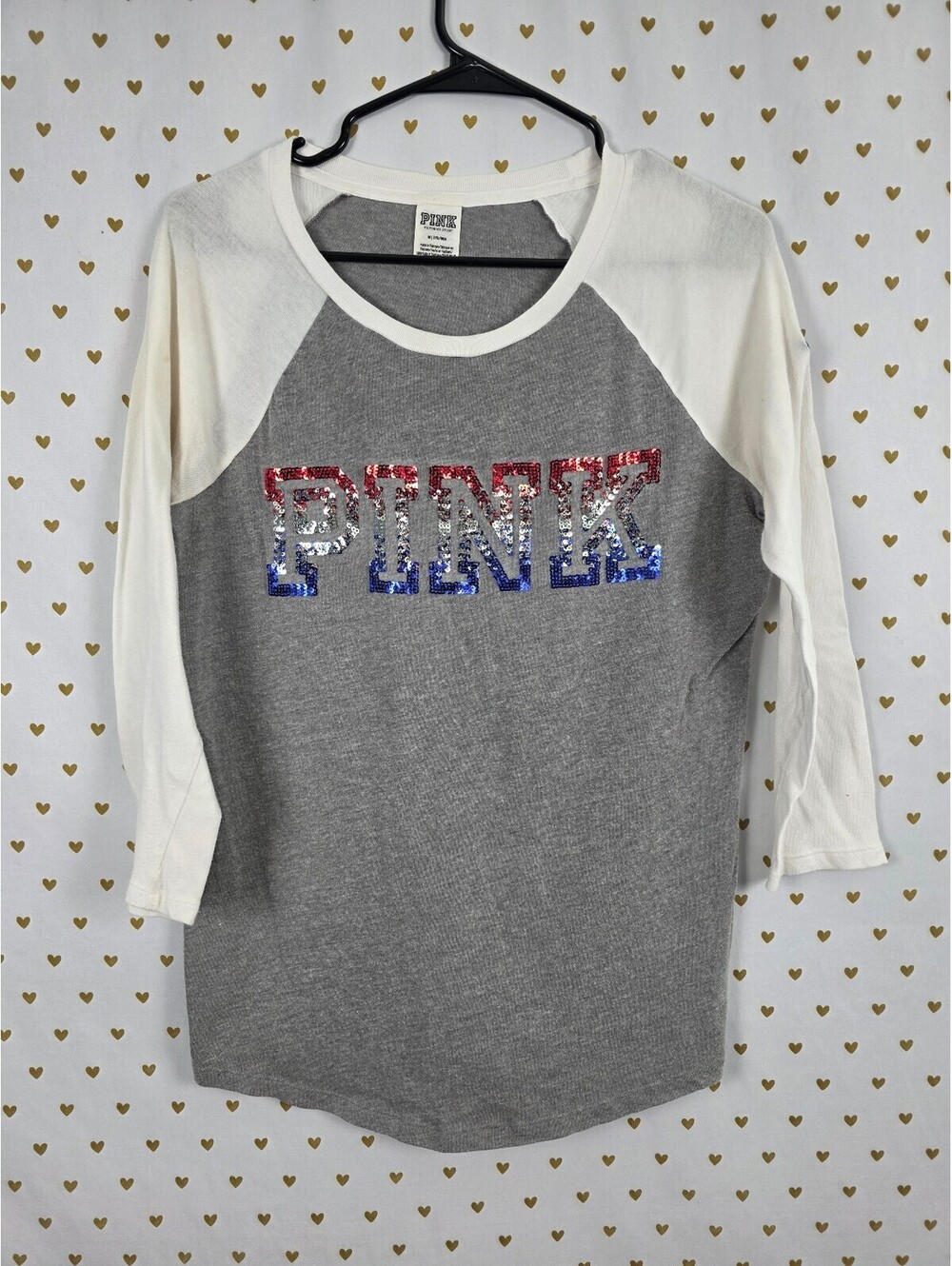 Victorias Secret PINK USA Bling Logo Raglan tee shirt Medium